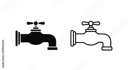 Two black and white depictions of a water faucet or tap