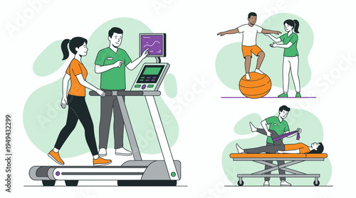 Male physiotherapist helping female patient on treadmill and balance ball, concept for medical rehabilitation, physical therapy training and sports recovery
