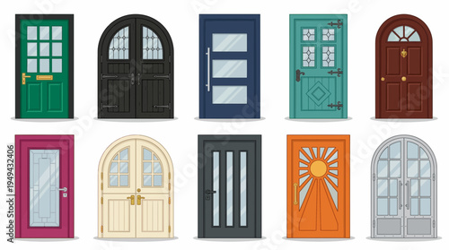 collection of various colorful architectural front doors with different designs, concept for home renovation projects, building construction planning and real estate improvement