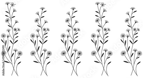 Black Floral Branch Seamless Pattern, Elegant Botanical Line Art Wildflower Background, Hand Drawn Nature Illustration for Wallpaper, Fabric, Textile Print, Surface Design, Wrapping Paper