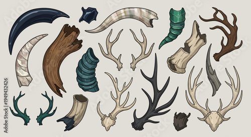 Collection of various animal horns and antlers, natural wild elements set, hunting trophy on isolated white background.