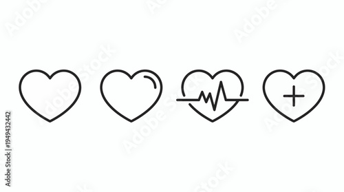 Set of four minimalist heart outline icons on white background, concept for medical app design, healthcare identity and wellness infographic