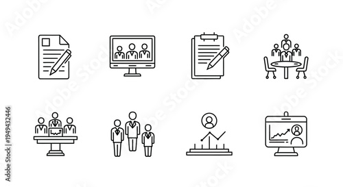 Business meeting presentation and document icons in a linear style