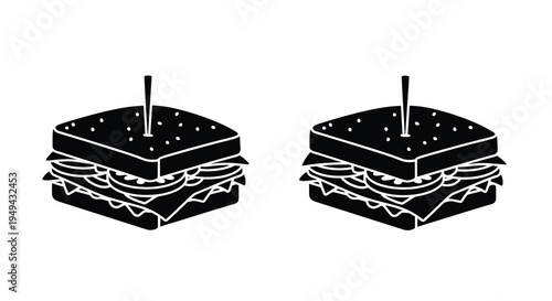 Two stacked sandwiches with toothpicks a simple black and white illustration