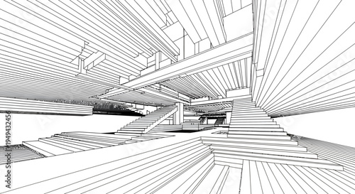 Abstract Wireframe Architectural Interior with Stairs and Geometric Structures, Isolated White Background