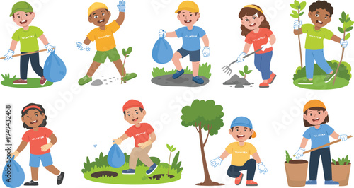 Children planting trees and collecting trash in a park with shovels and bags