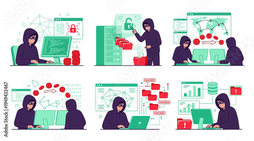 flat illustration set of cyber security hackers breaching database and stealing digital data, concept for cybercrime prevention, network security awareness and information technology education