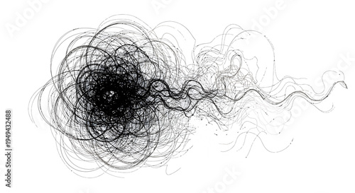 Chaotic Tangled Messy Abstract Swirling Lines Pattern Dispersing Energy, Isolated White Background