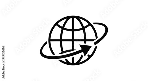 A black and white illustration of a globe with an orbiting arrow