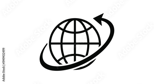 Black and white illustration of a globe with a circling arrow