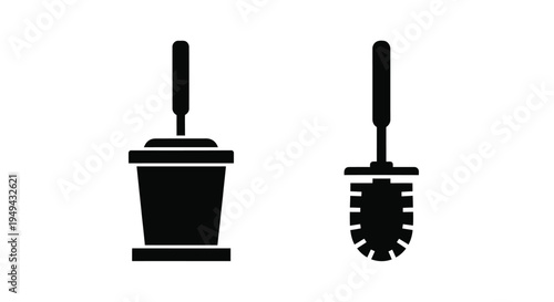 Black silhouette icons depicting a toilet brush and holder set