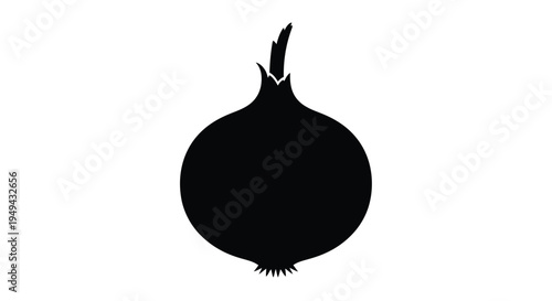 A simple black silhouette of an onion with visible roots and stem