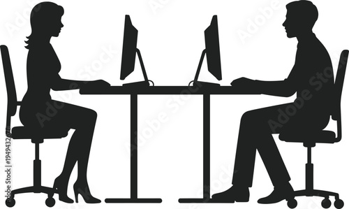 Business man and woman working on desktop computers in office, professional teamwork communication workplace collaboration corporate productivity silhouette concept