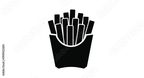 A black and white illustration of french fries in a paper container