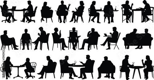 Business meeting and conversation silhouettes collection, corporate teamwork discussion collaboration, office communication conference , professional workplace interaction concept illustration set