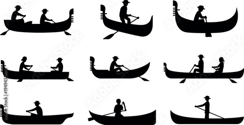 Canoe and gondola boat silhouette collection with people rowing paddles isolated on white background, water transport vector illustration set