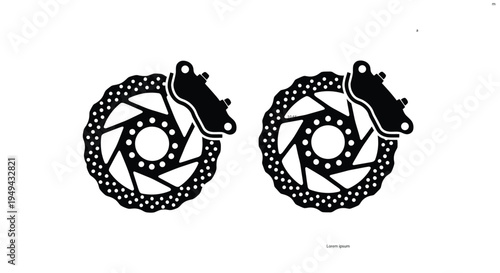 Two black and white illustrations of bicycle disc brakes and rotors