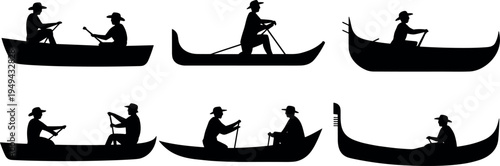 Canoe boat silhouette collection with people paddling on water isolated on white background, traditional rowing transport illustration set