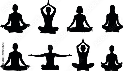 Yoga meditation silhouette set of people sitting in lotus pose and stretching arms isolated on white background wellness illustration