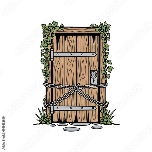 Secret Wooden Door with Chain and Ivy