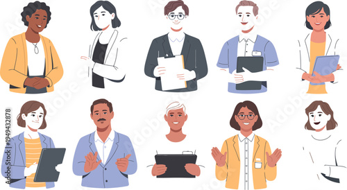 A diverse group of people are gathered in an indoor setting using various devices and holding office supplies in a cartoon style illustration.