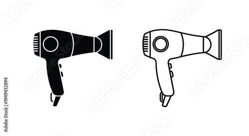 Two hair dryers depicted in black outline and white fill styles