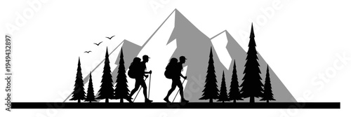 Silhouette of two backpackers hiking in a mountain landscape with pine forest. Outdoor adventure vector illustration