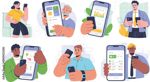 A collection of diverse cartoon-style characters using smartphones in various settings.