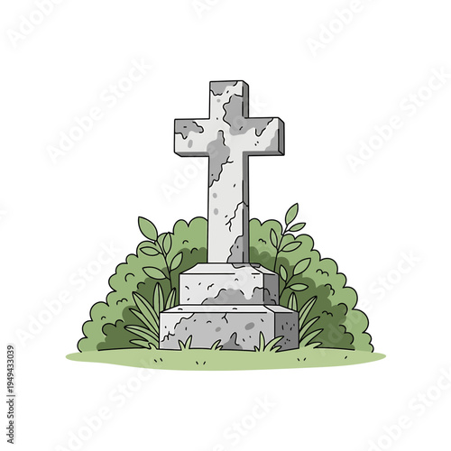 Gravestone Cross with Shrubs