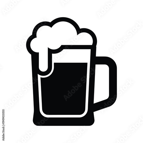 Icon of a beer mug with frothy head, isolated on white background, simple vector illustration for pubs, bars, and brewing companies.