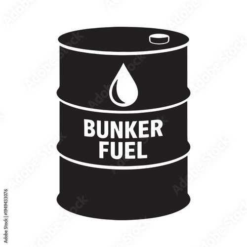 Black Bunker Fuel Barrel Vector Icon with White Oil Drop Symbol, Industrial Energy Storage Container Illustration for Shipping and Logistics