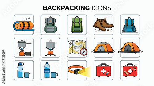 Set of colorful camping and backpacking icons featuring trekking equipment and travel gear, concept for outdoor tourism promotion, mountain adventure blog and recreational activity design
