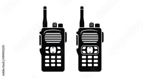 Two black walkie talkies shown frontally against a white background