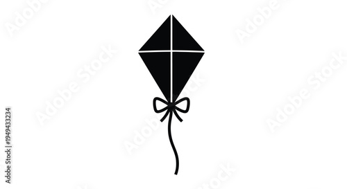 Simple black and white illustration of a diamond shaped kite with a tail