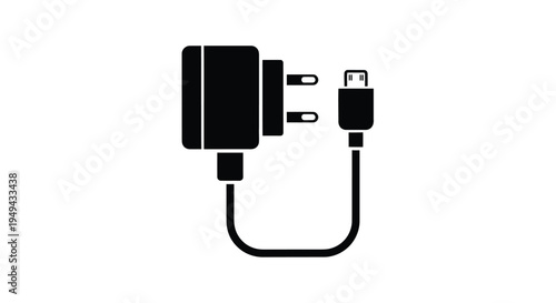 Black and white silhouette of a phone charger and usb cable