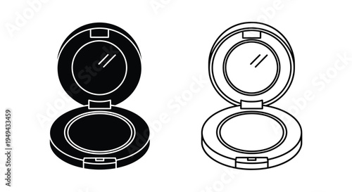 Black and white illustration of two open cosmetic powder compacts