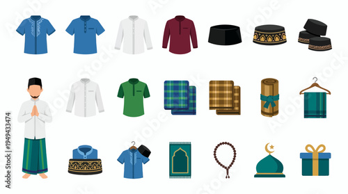 Set of muslim menswear fashion items including traditional baju koko and sarong for men, concept for ramadan festive design, religious apparel catalog and eid mubarak celebration branding