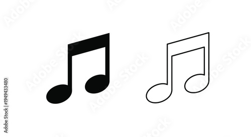 Two musical notes one filled and one outline on a white background