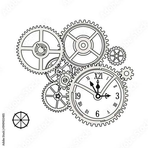 Clockwork Mechanism With Gears and Clock Face Vector