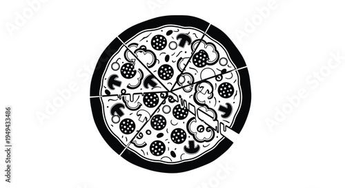 A black and white illustration of a pizza with various toppings and a slice removed