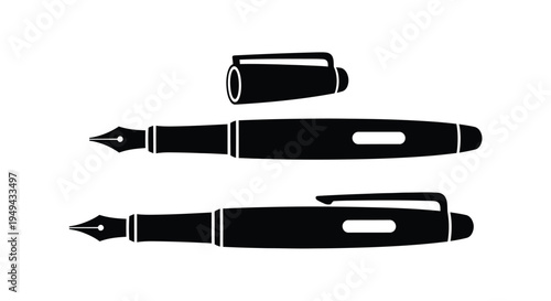 Black and white illustration of a fountain pen with cap and nib detail