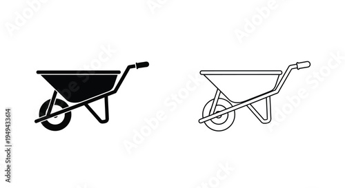 Black and white depictions of a wheelbarrow shown in contrasting styles