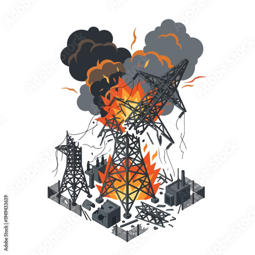vector isometric of damaged power plant burned by missile attack 01
