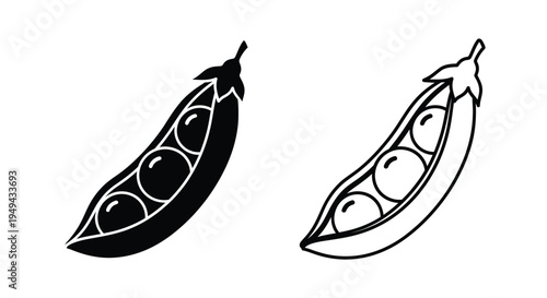 Two pea pods one filled and one partially open in black and white