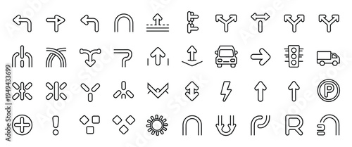 Navigation Line Icon Set with Directional Arrows, Traffic Light, Vehicles, Road, Intersection, Bridge, Parking, and Warning Signs, Thin Linear Transport and Map Navigation Symbols Vector Illustration