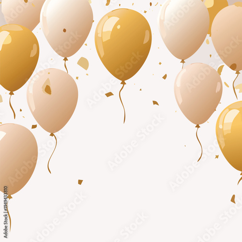 Balloons and confetti on white background for celebrations and festive designs