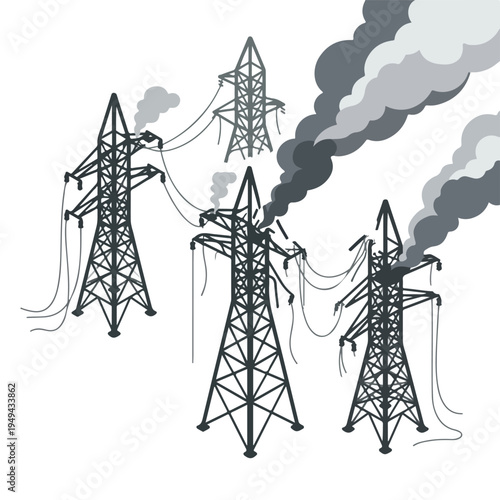vector isometric of damaged power plant burned by missile attack 002