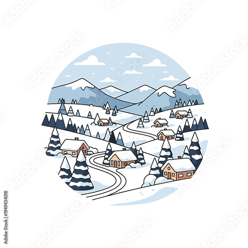Winter Village Landscape in Circle Frame