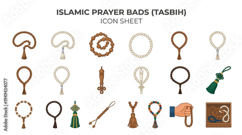 Set of various islamic prayer beads tasbih icons on white background, concept for religious illustration, ramadan decoration and spiritual meditation
