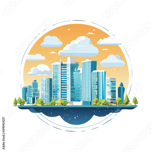 Modern city skyline illustration with skyscrapers and clouds against a sunset